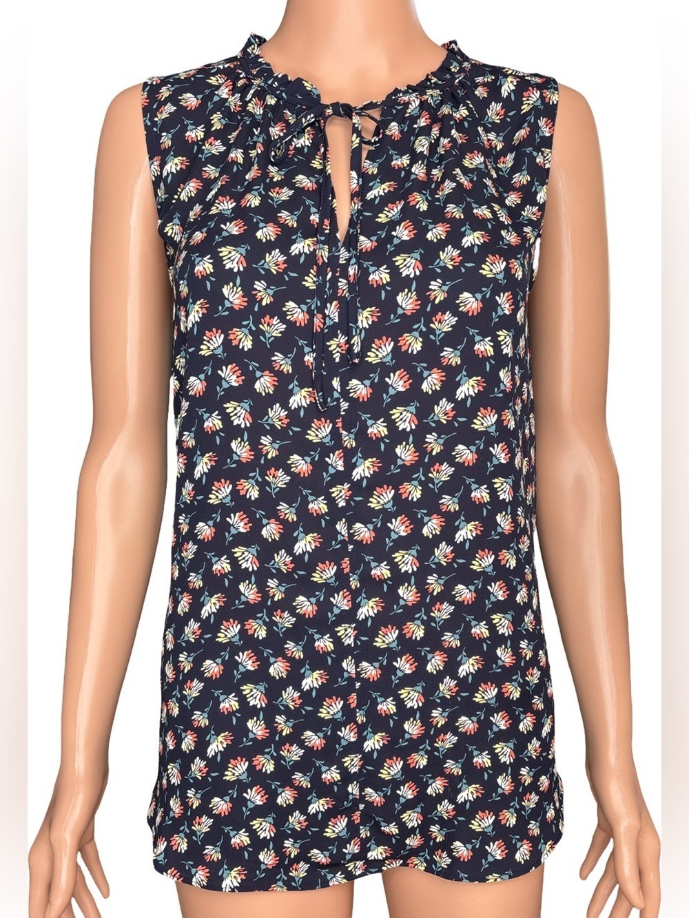 LOFT Floral Tie-Neck Blouse Cream/Navy Medium